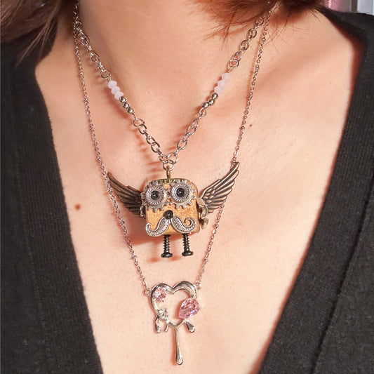 Stainless Steel Necklace with Owl and Heart Pendant